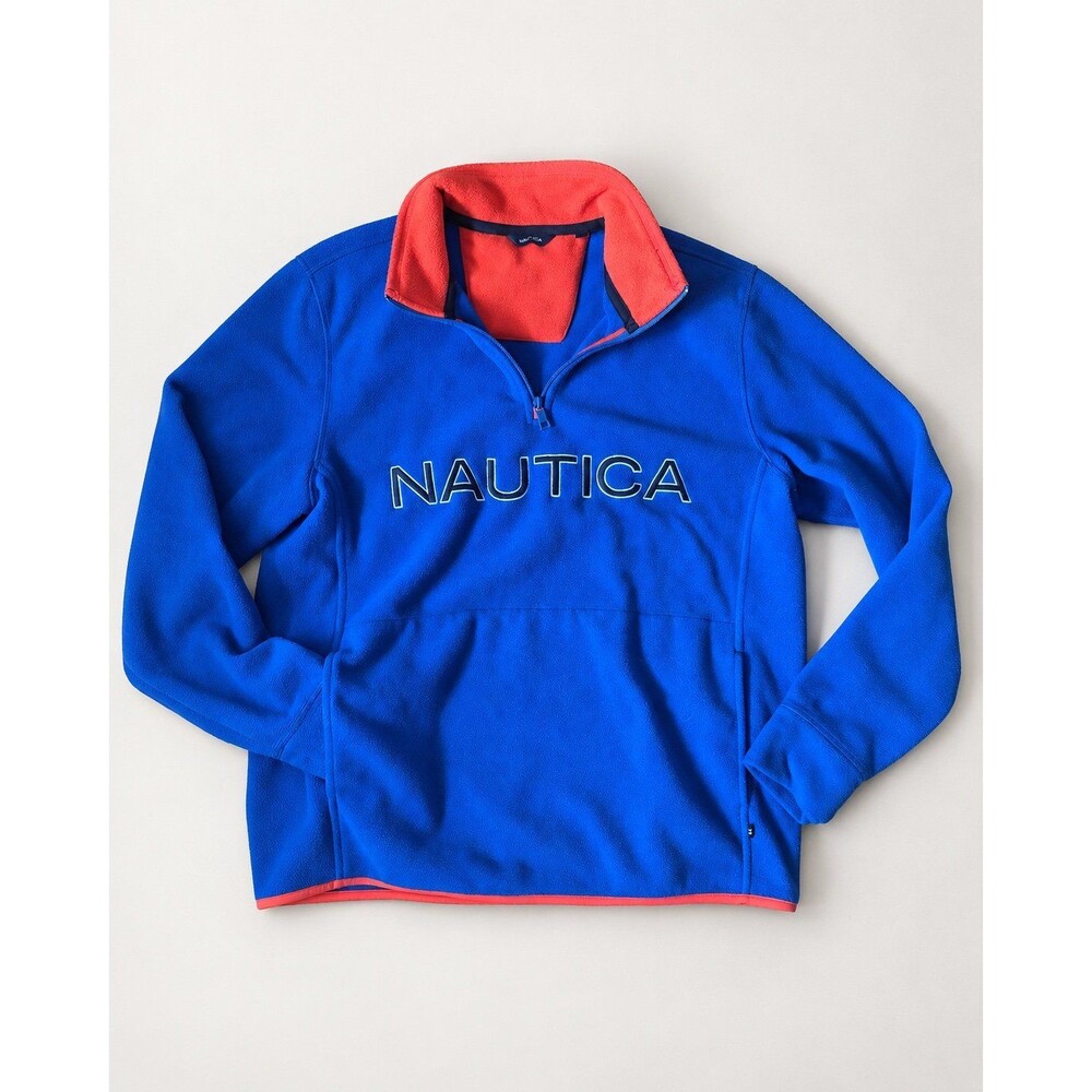 Nautica Men’s Quarter Zip Fleece Pullover Blue Orange Logo Size Large